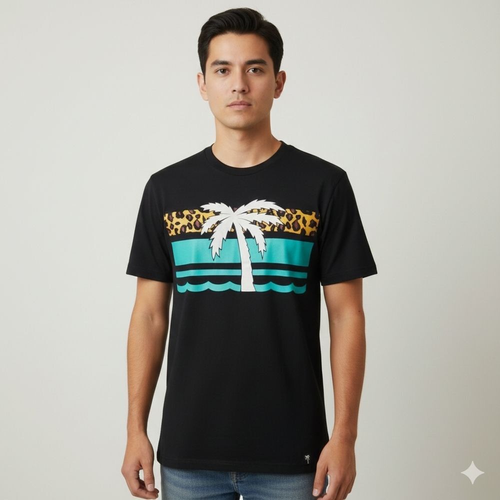 Blvd Supply Men's Black Palm Tree Graphic Short Sleeve Crewneck T-Shirt Medium🐈